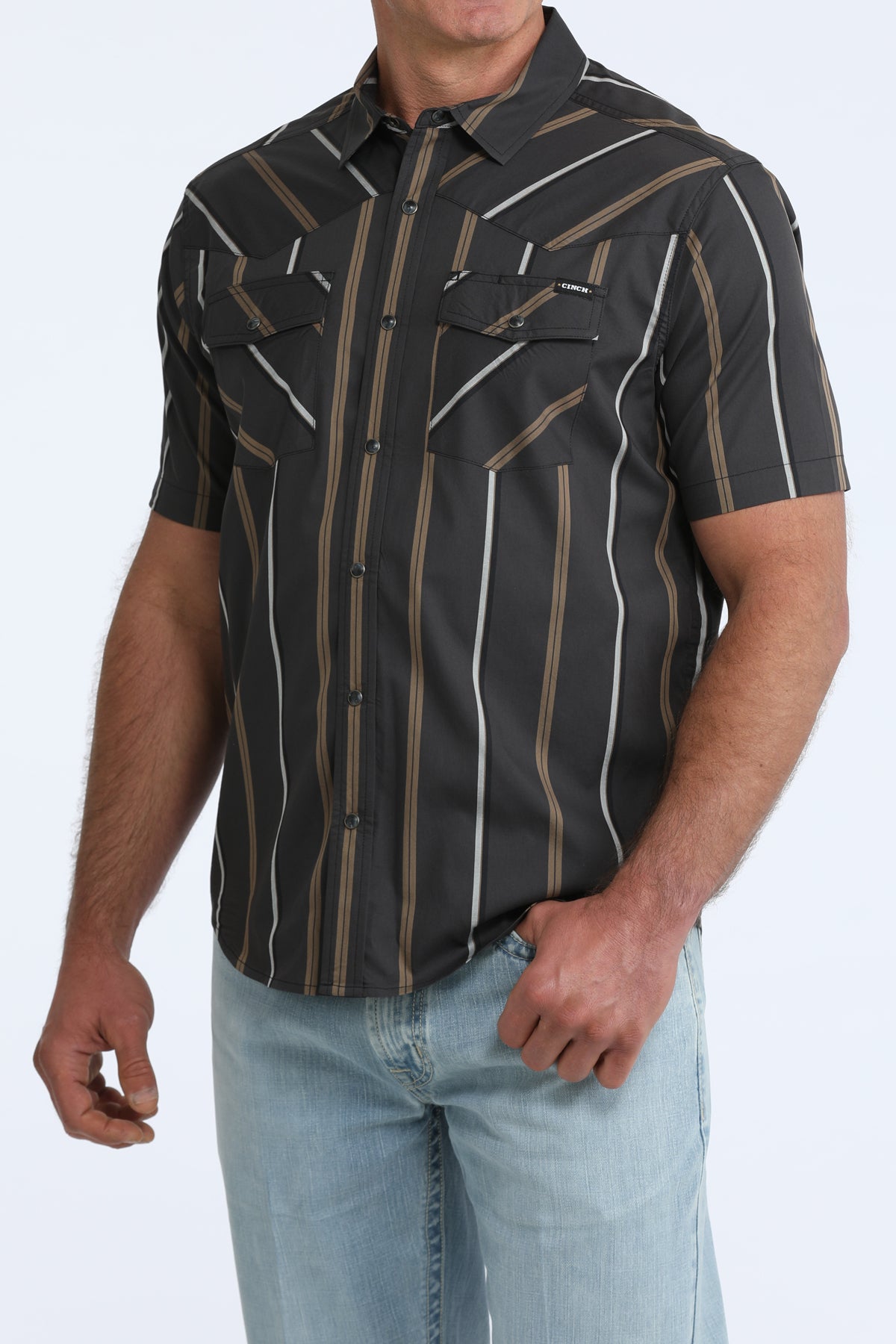 Men's Cinch SHORT SLEEVE Black Striped Camp Shirt MTW1402016 XS