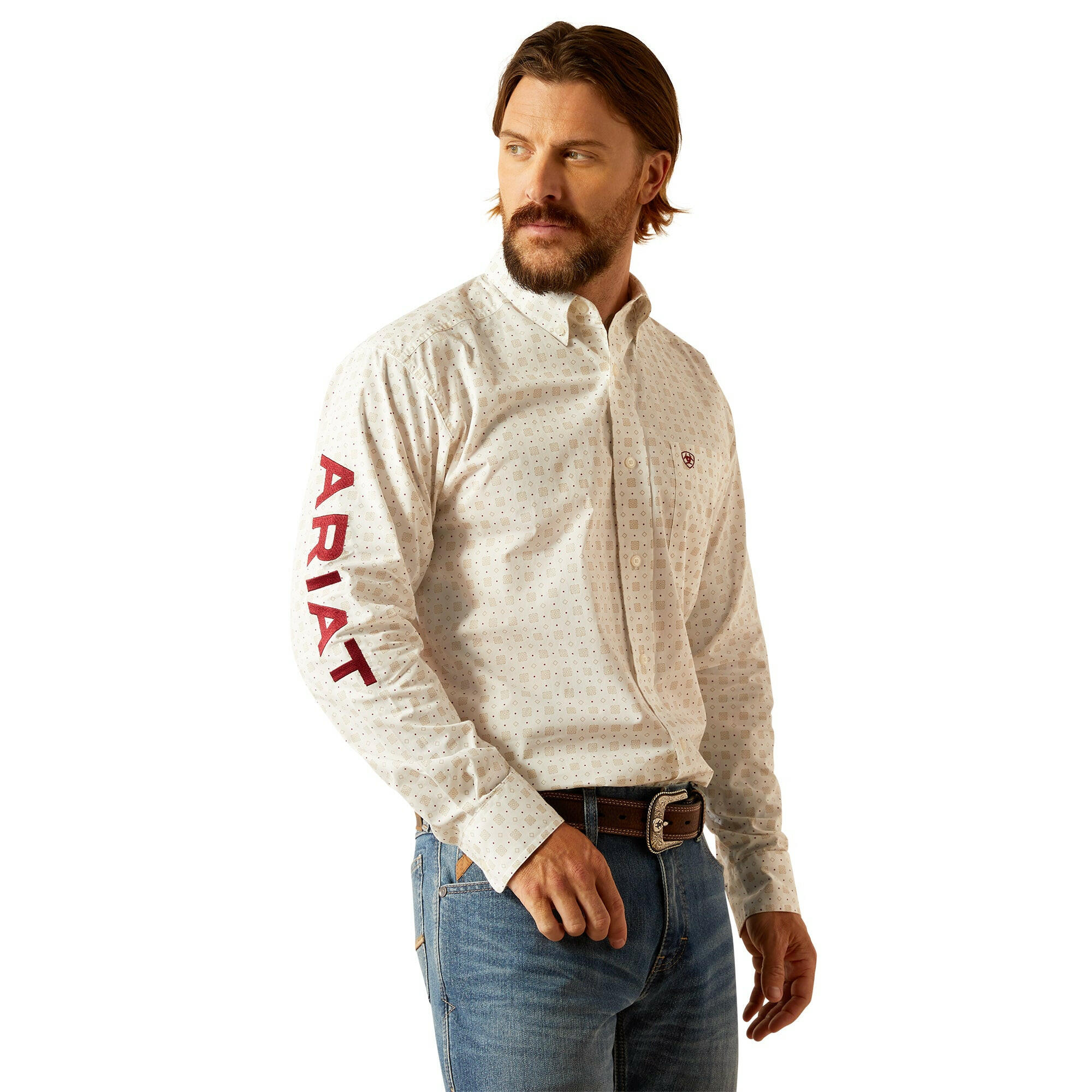 ariat dress shirts Ariat Men's White & Brick Team King Classic Fit Long Sleeve Shirt X-Large