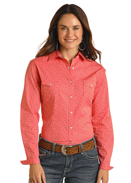 rock and roll dress shirts & Denim Girl's Long Sleeve Print Snap Shirt - Coral Plus Size Ruffled Hem the Rock 3/4-sleeve Size:1/EACH  8x12