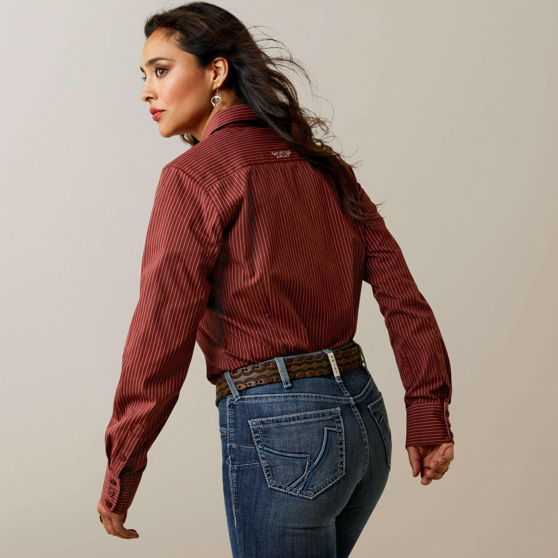 Ariat Women's Pinstripe Wrinkle Resist Kirby Stretch Button Down Shirt.