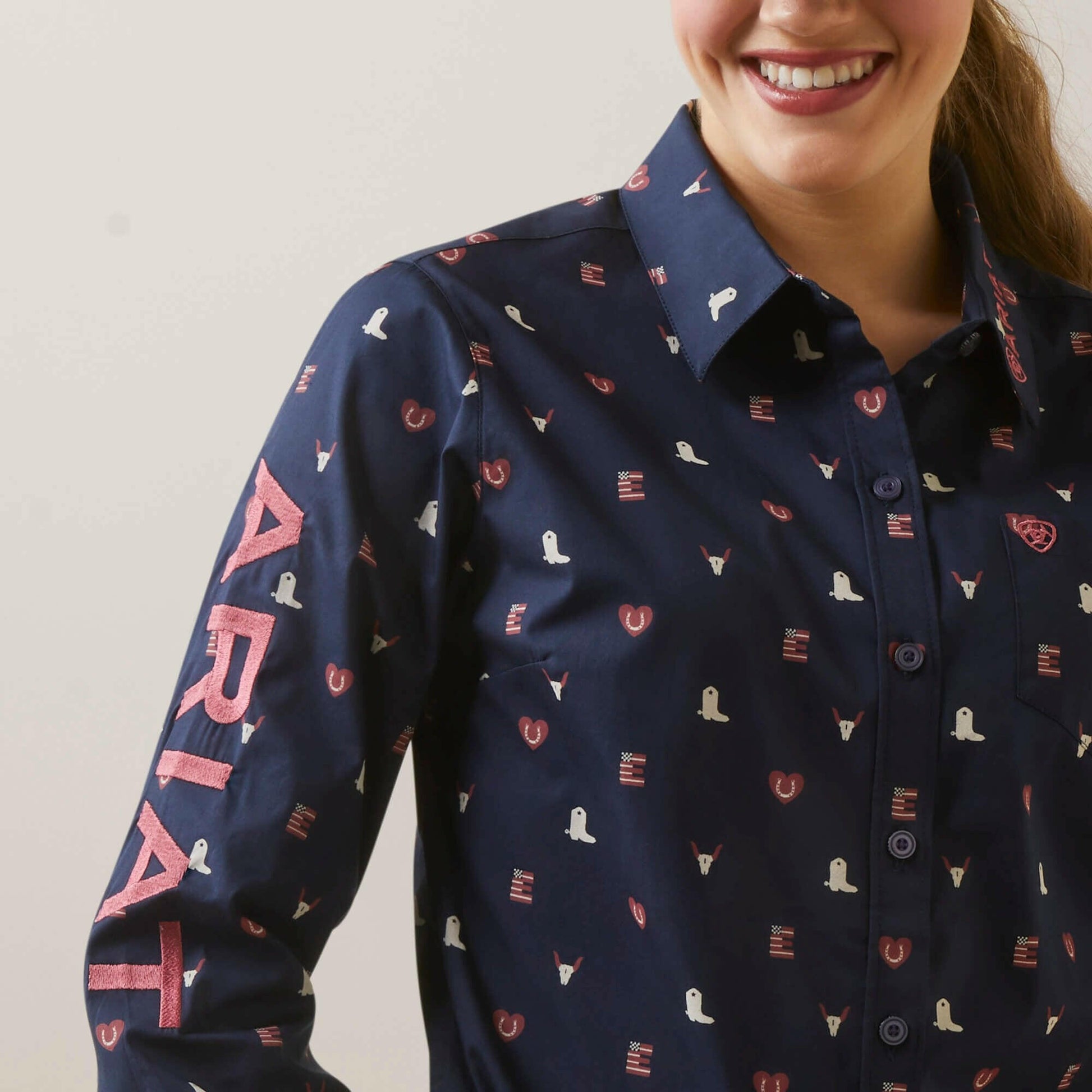 Ariat Women's Western Love Wrinkle Resist Team Kirby Stretch Button Down Shirt.