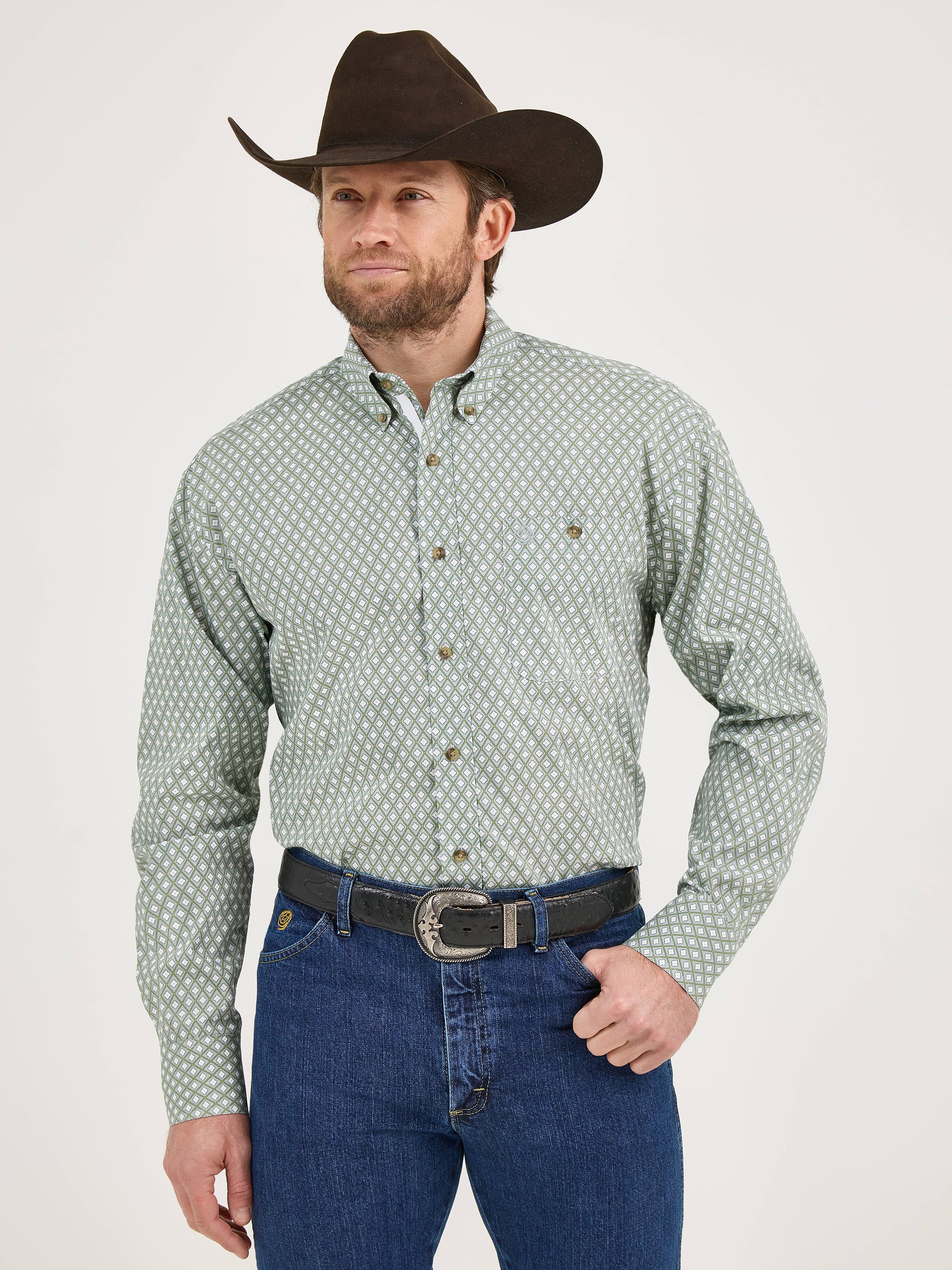 Wrangler Men's George Strait Green Patterned Shirt 2359978