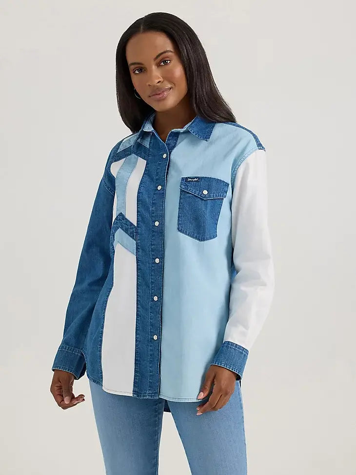 Wrangler Women's Pieced Boyfriend Denim Western Snap Front Shirt.