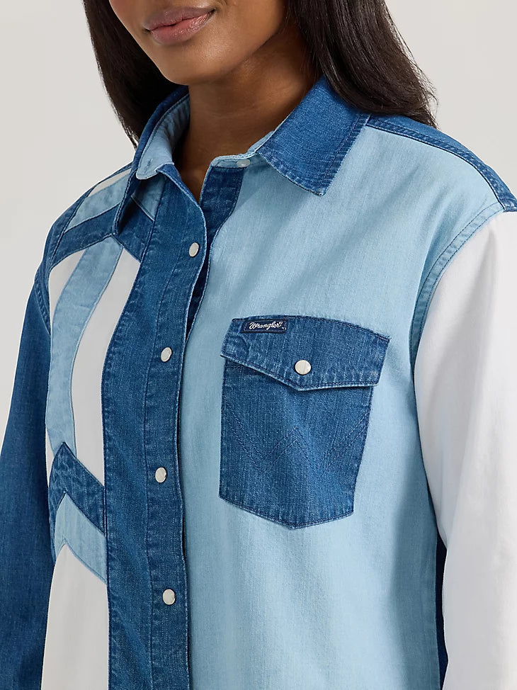 Wrangler Women's Pieced Boyfriend Denim Western Snap Front Shirt.