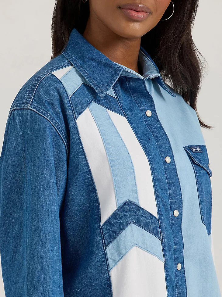 Wrangler Women's Pieced Boyfriend Denim Western Snap Front Shirt.