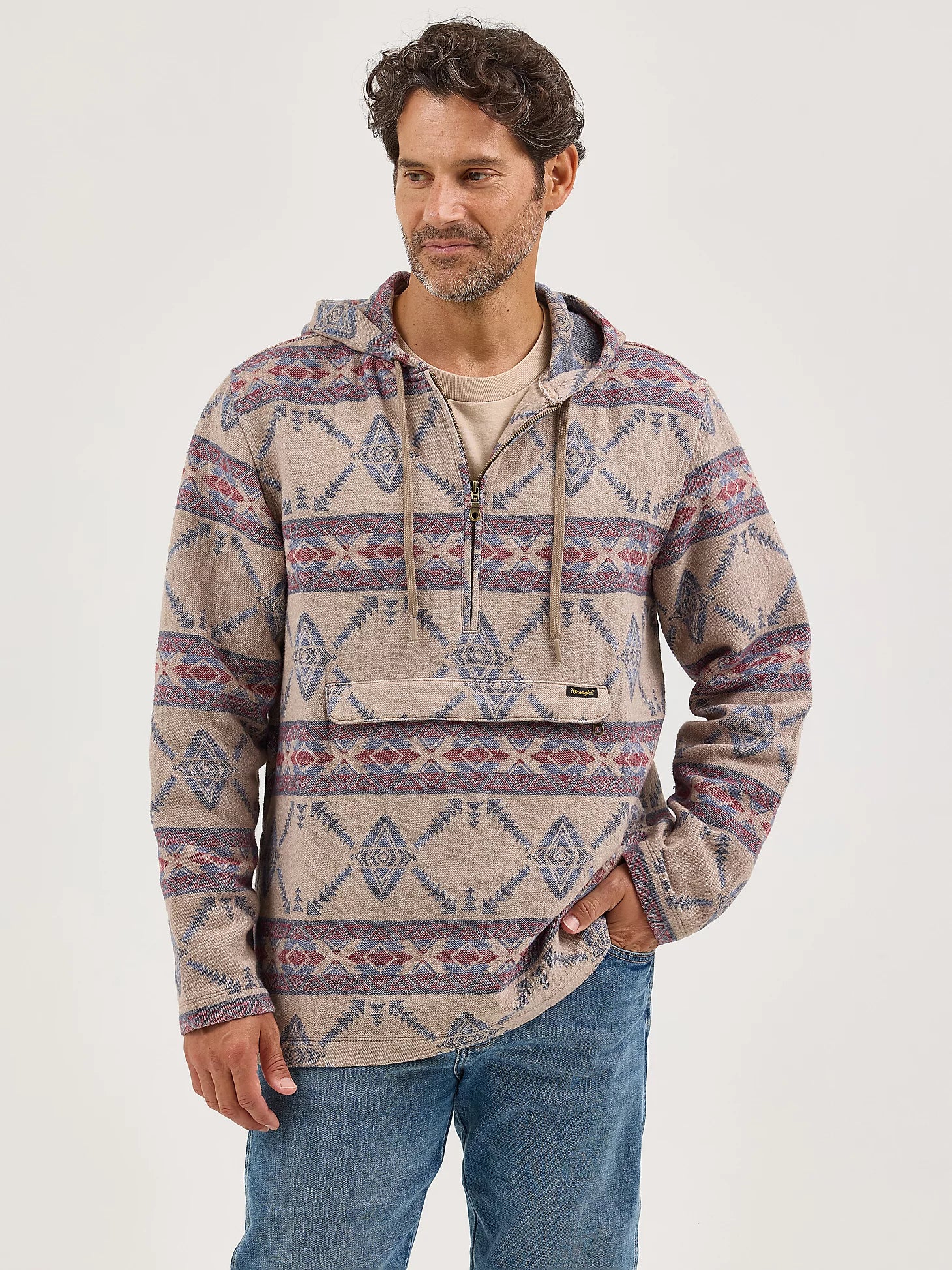 Wrangler Men's Desert Taupe Jacquard 1/4 Zip Hooded Popover Jacket #2368214