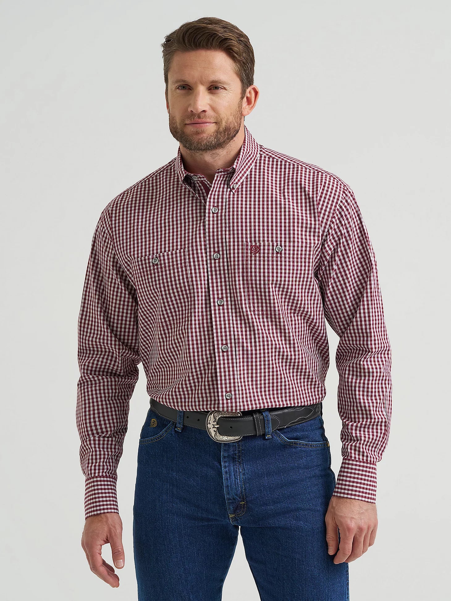 Wrangler Men's George Strait Wine Checks Button Down Shirt 2369610