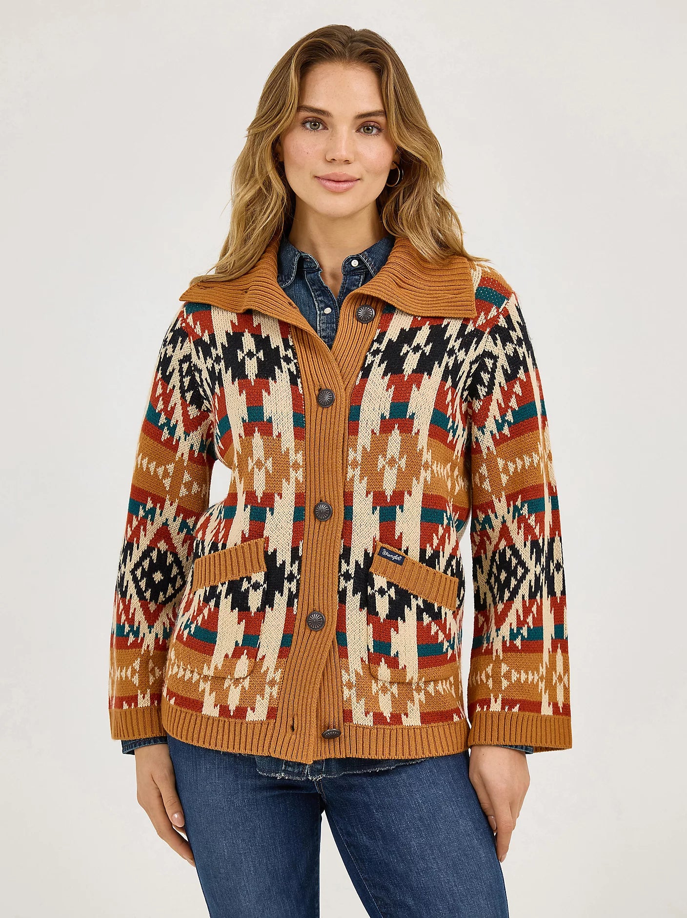 Wrangler Women's Mustard Western Pattern Cardigan Sweater 2371635