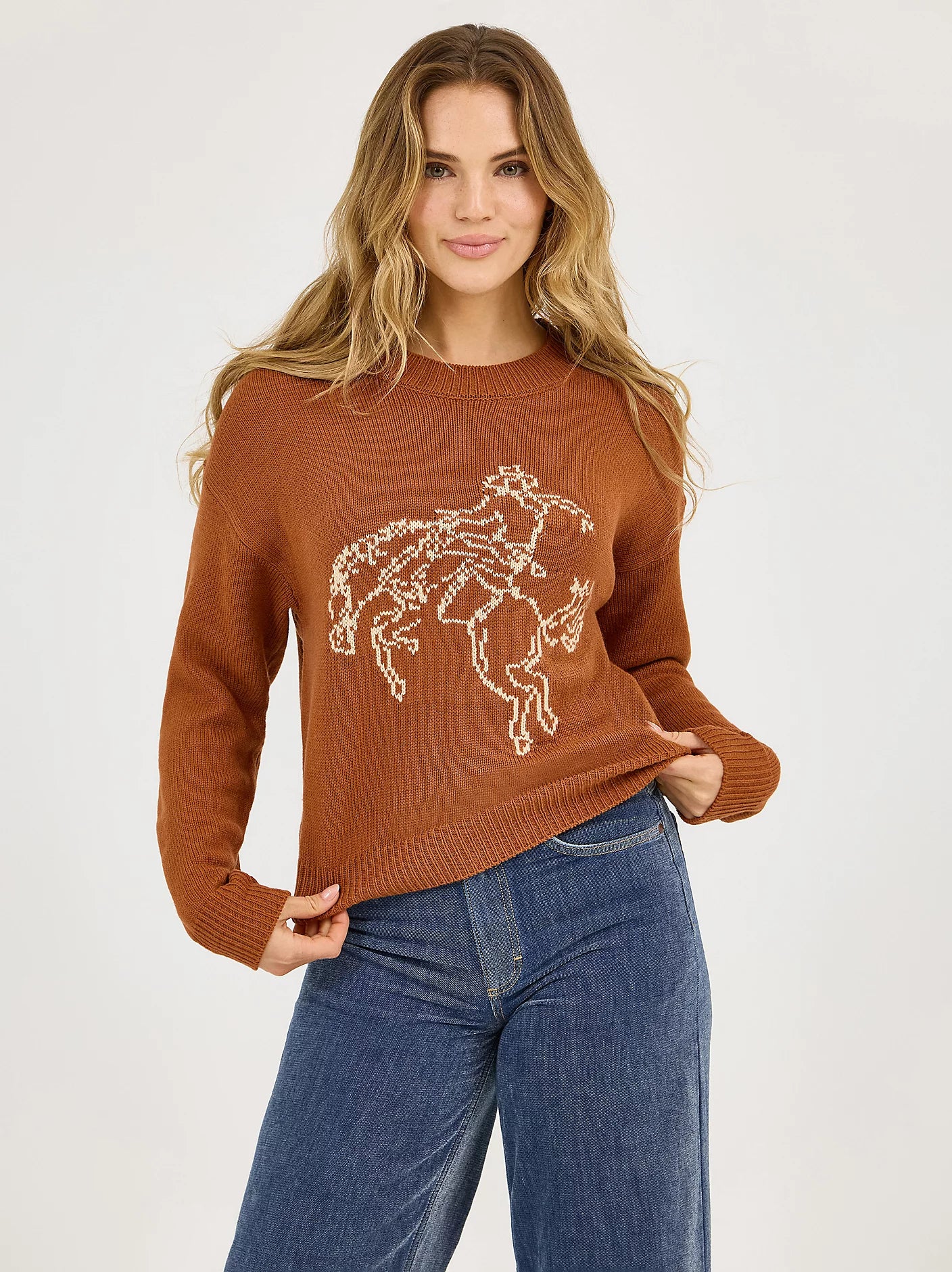 Wrangler Women's Rust Horse Intarsia Crew Neck Sweater 2372331