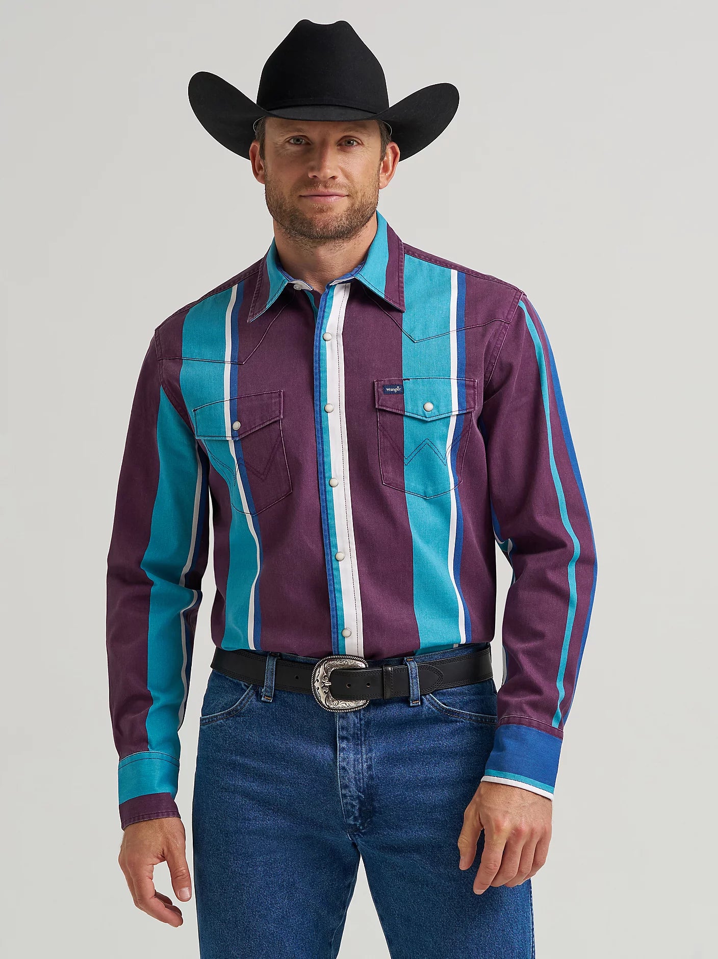 Wrangler Men's Aubergine Teal Stripe Brushpopper Snap Front Shirt 2375225
