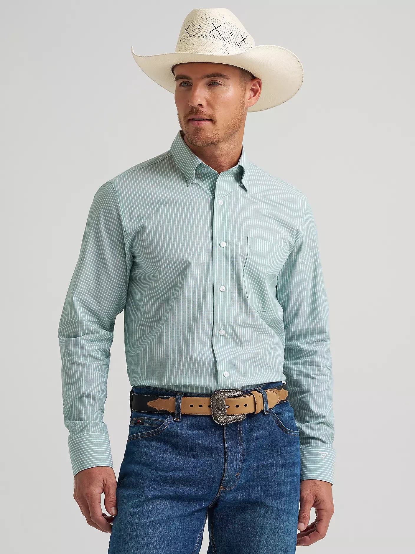 Wrangler Men's Cody Johnson Moss Stripe Button Down Shirt 2378971