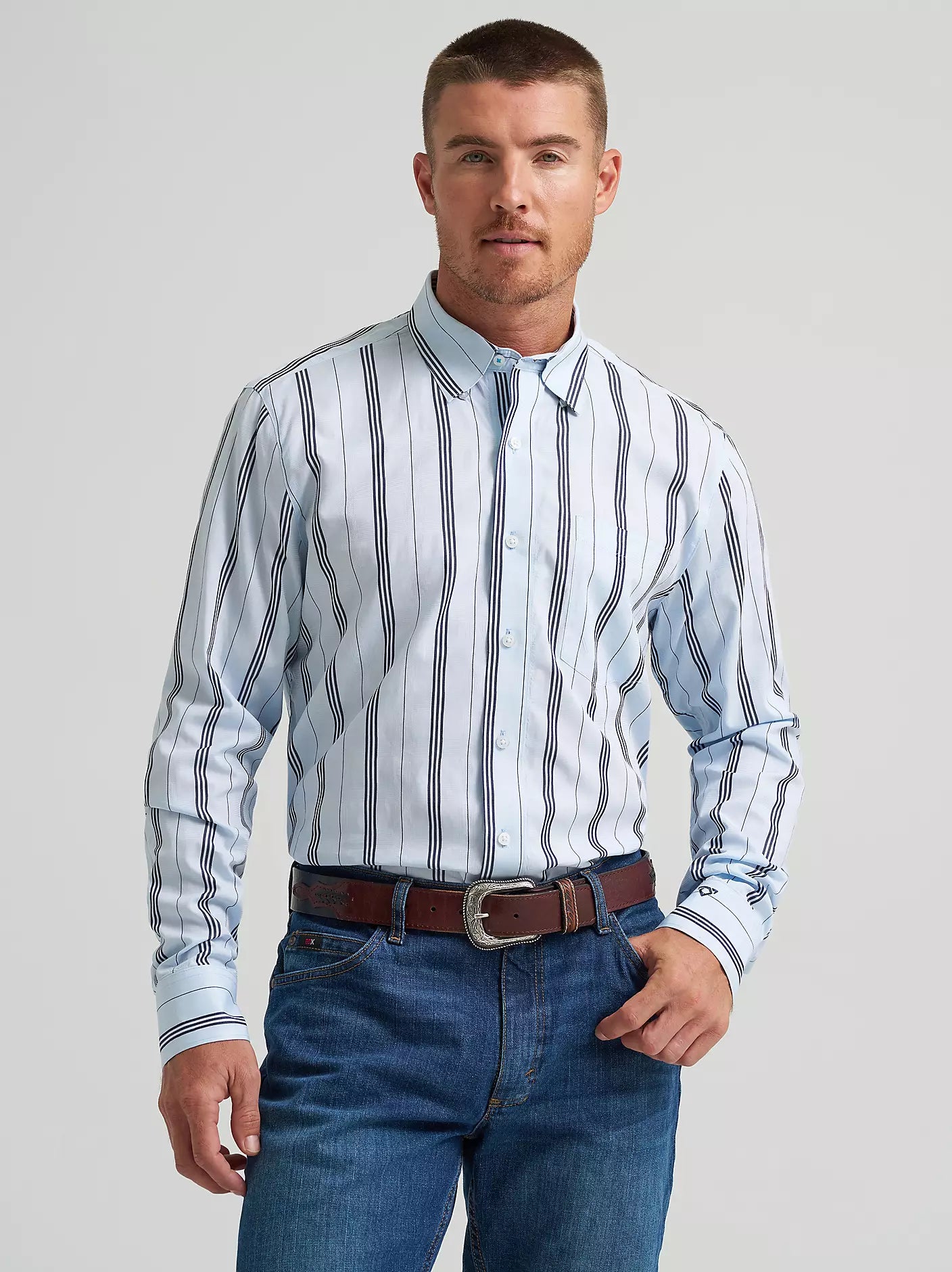 Wrangler Men's Cody Johnson Baby Blue Stripe Button Down Shirt 2378978