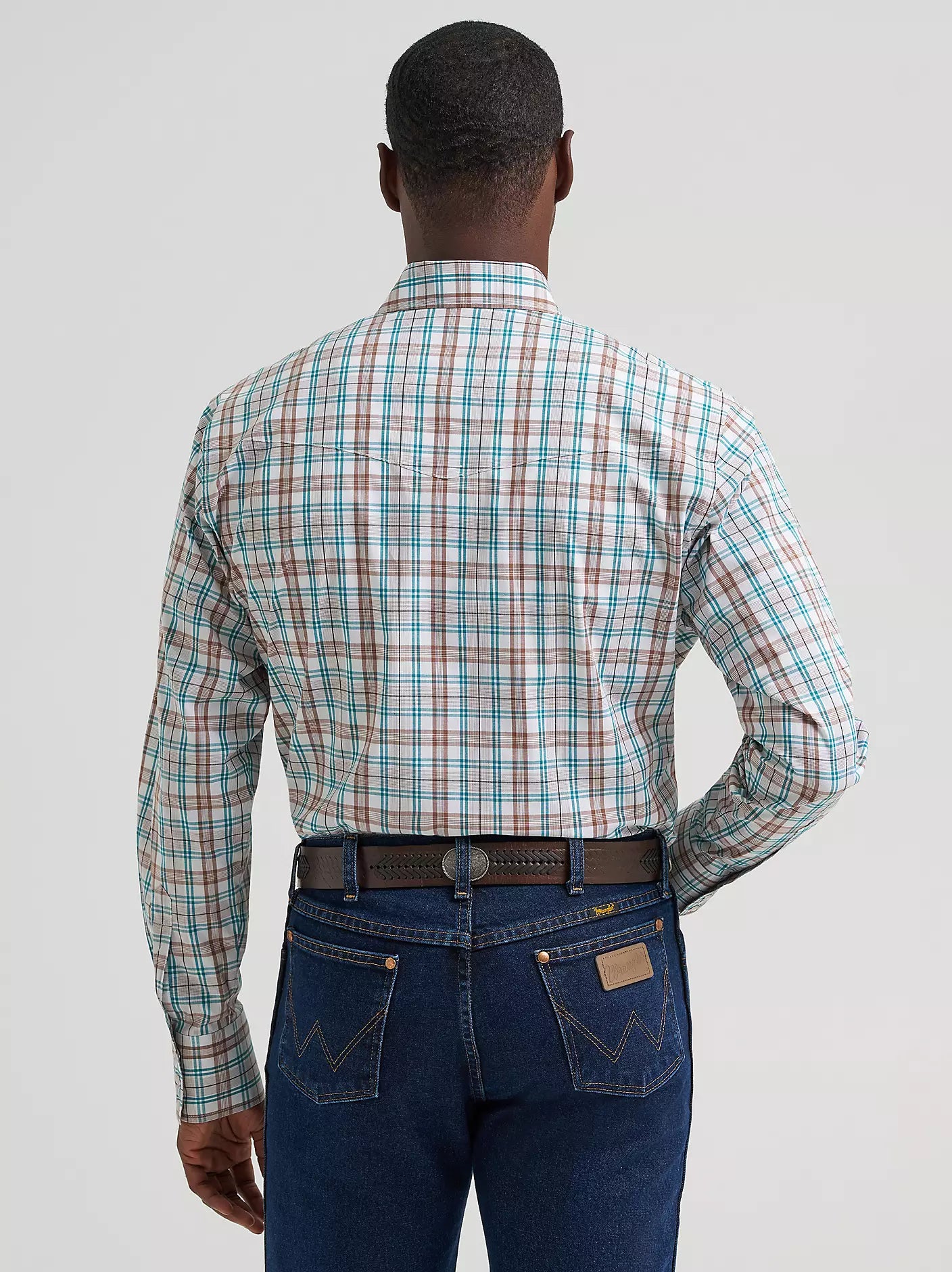 Wrangler Men's Turquoise Plaid Wrinkle Resist Snap Front Shirt