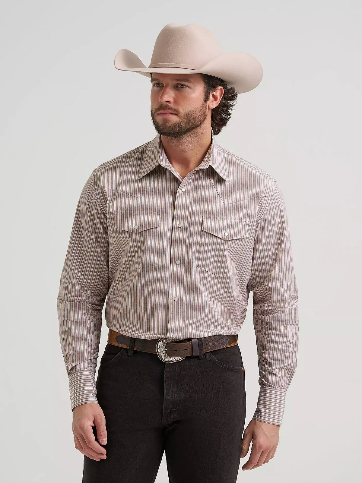 Wrangler Men's Cinnamon Stripe Wrinkle Resist Snap Front Shirt 112385343