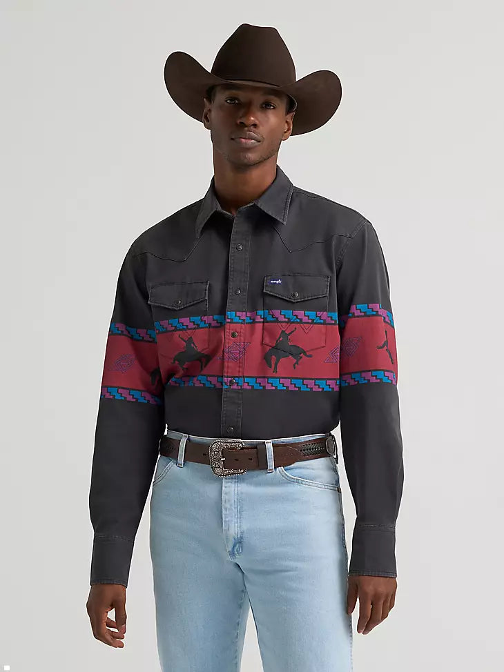 Wrangler Men's Vintage Border Print Snap Front Shirt 2385790