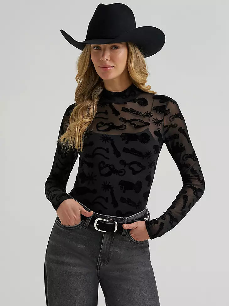 Wrangler Women's Black Sheer Mock Neck Top 2385967