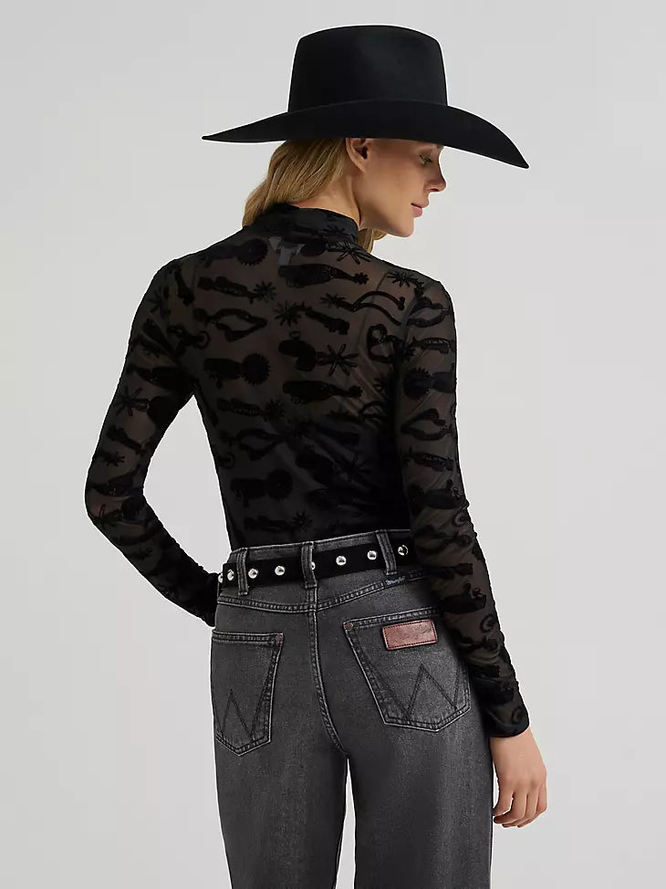 Wrangler Women's Black Sheer Mock Neck Top 2385967