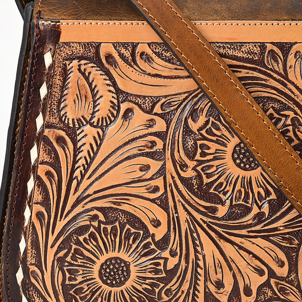 American Darling Tooled Leather Crossbody Flap Bag-Western Floral Saddle Purse ADBGZ409A