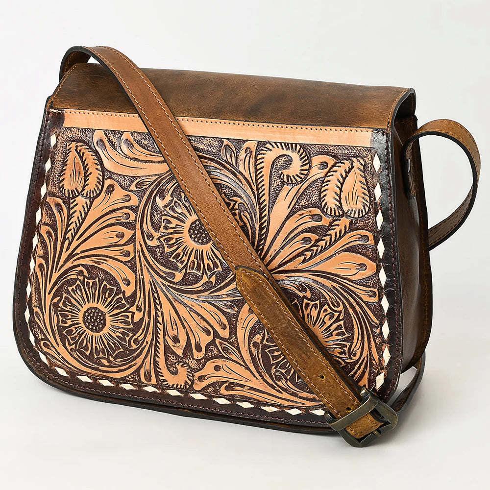 American Darling Tooled Leather Crossbody Flap Bag-Western Floral Saddle Purse ADBGZ409A