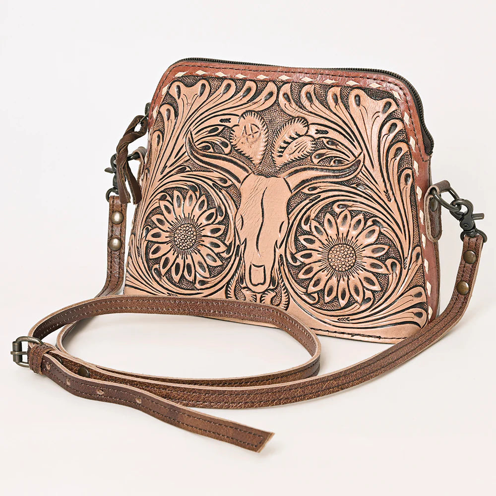 American Darling Tan Western Tooled Leather Crossbody with Longhorn Design ADBG769