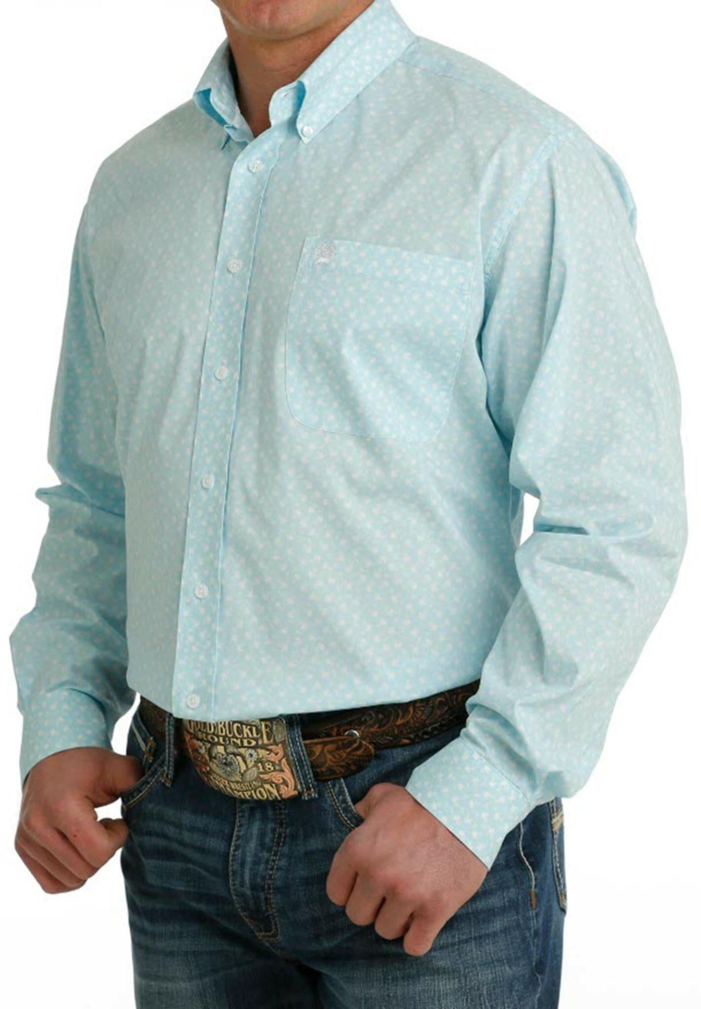 Cinch Men's Light Blue Patterned Long Sleeve Shirt.