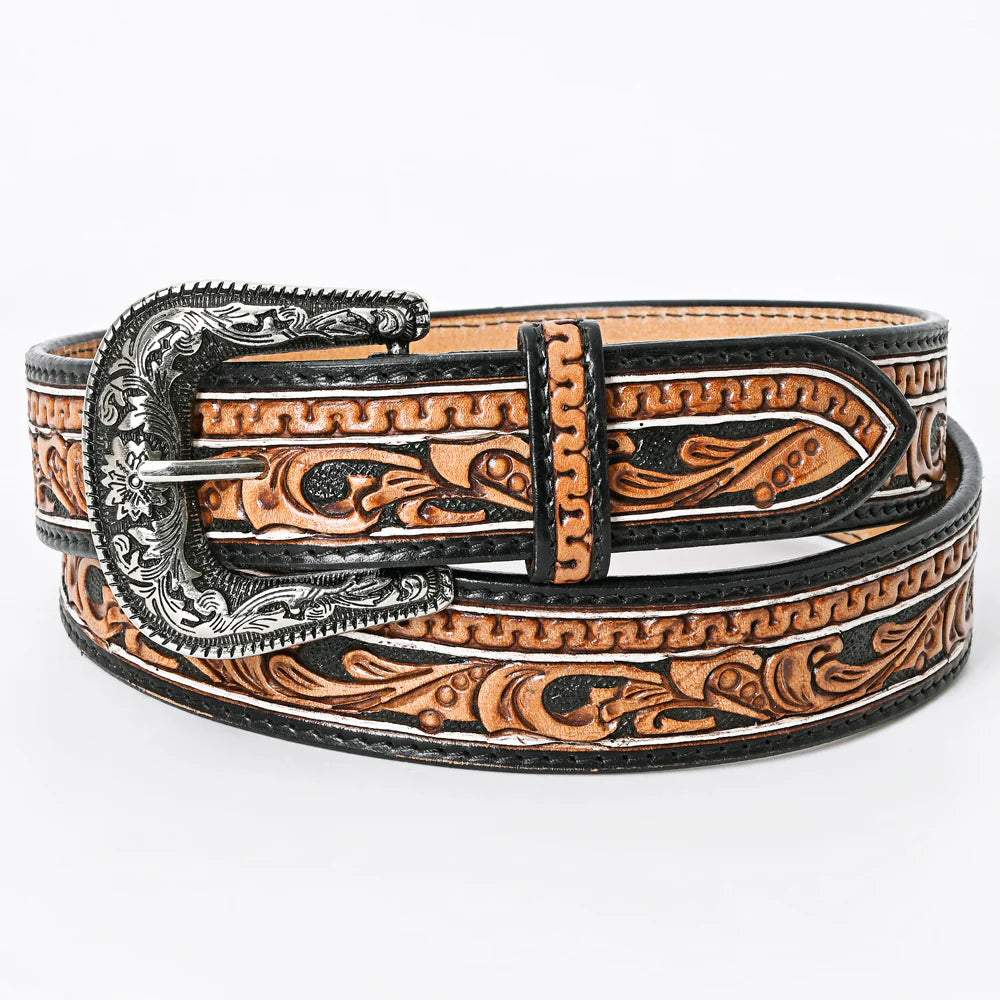 American Darling Women's Black & Tan Scrollwork Tooled Western Belt ADBLF109