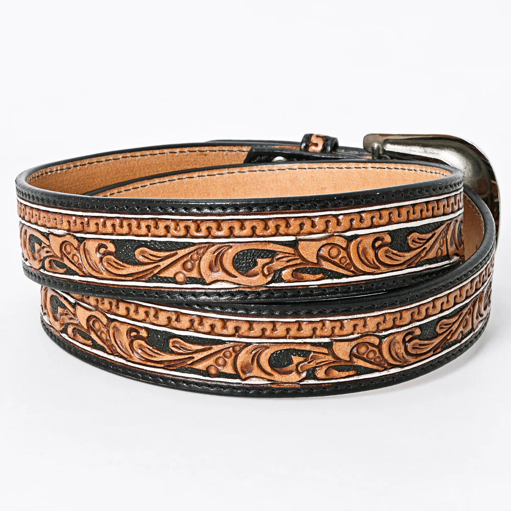 American Darling Women's Black & Tan Scrollwork Tooled Western Belt ADBLF109