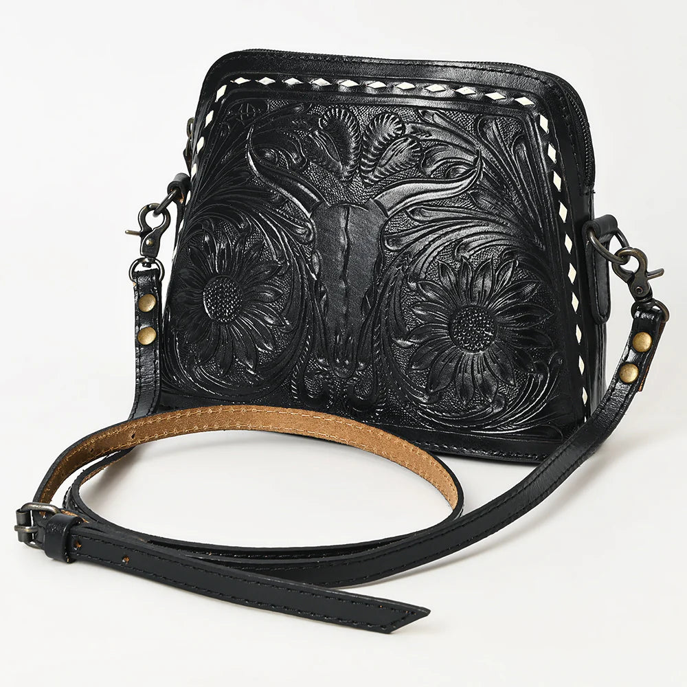 American Darling Black Western Tooled Leather Crossbody with Longhorn Design ADBG769A