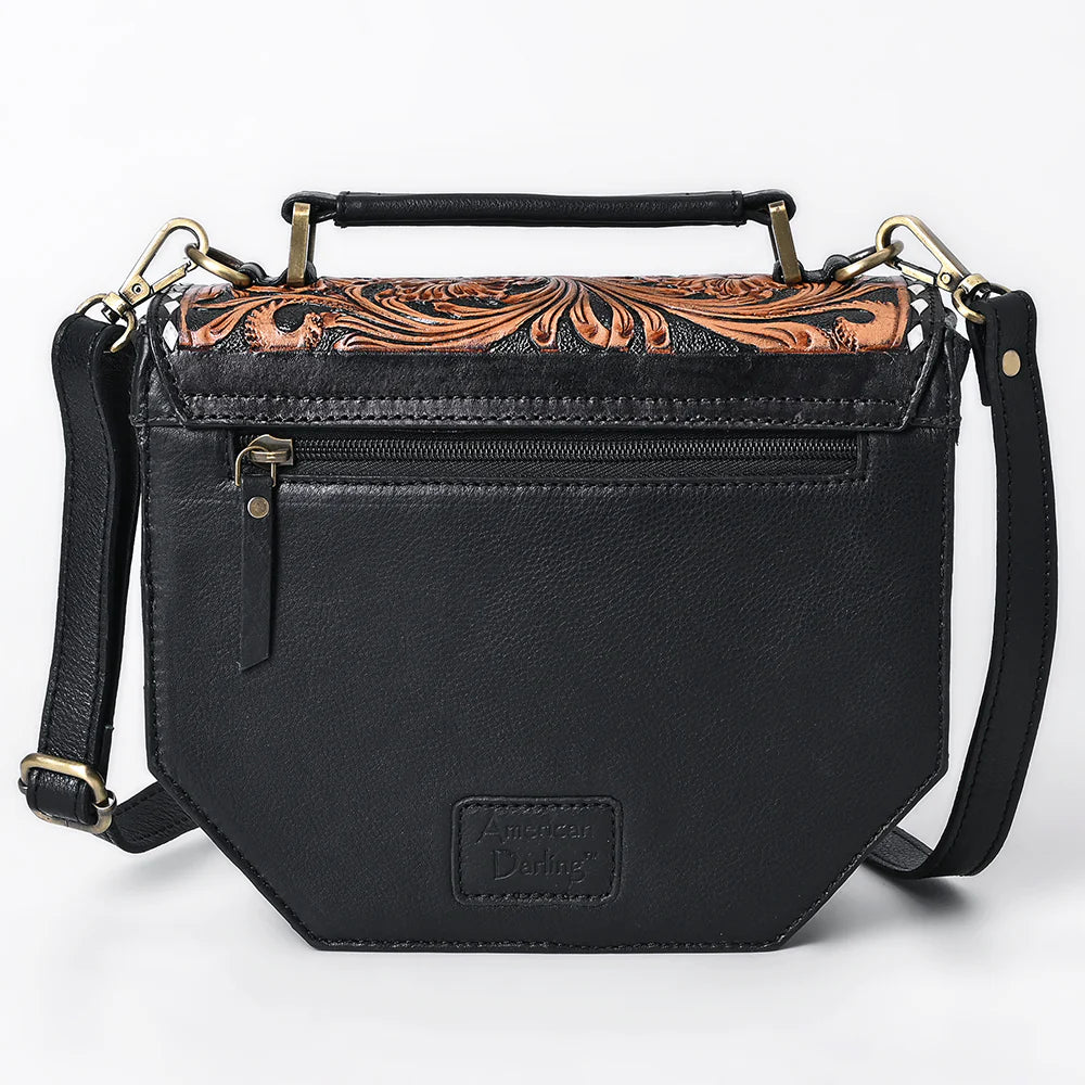 American Darling Western Quilted Leather Crossbody Bag with Hand-Tooled Floral Flap and Top Handle ADBGA703