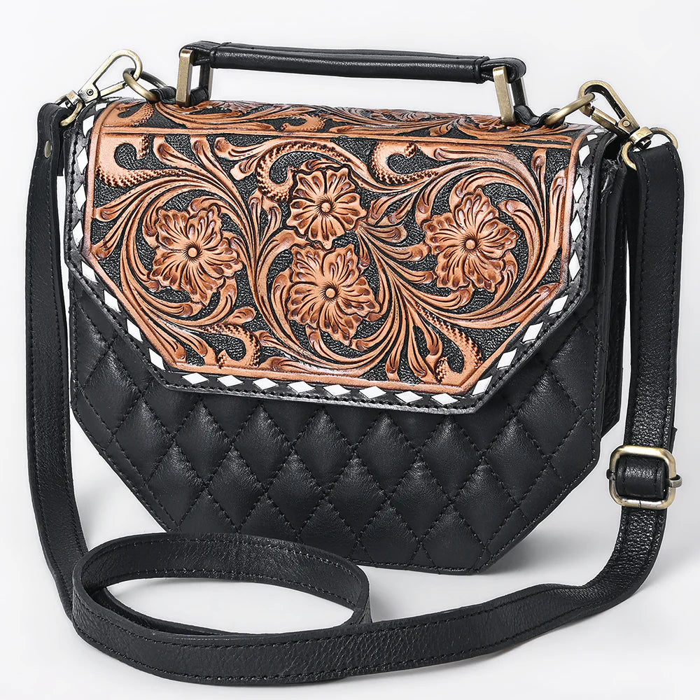 American Darling Western Quilted Leather Crossbody Bag with Hand-Tooled Floral Flap and Top Handle ADBGA703