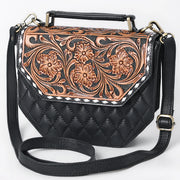 American Darling Western Quilted Leather Crossbody Bag with Hand-Tooled Floral Flap and Top Handle ADBGA703