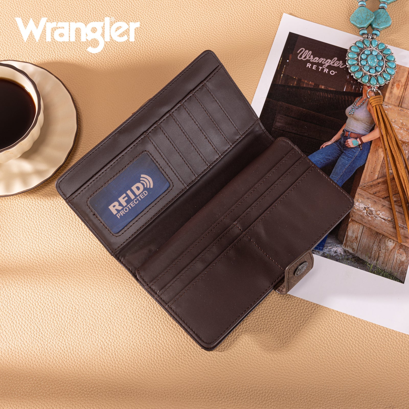Wrangler Coffee Floral Tooled RFID Wallet WG339-W080