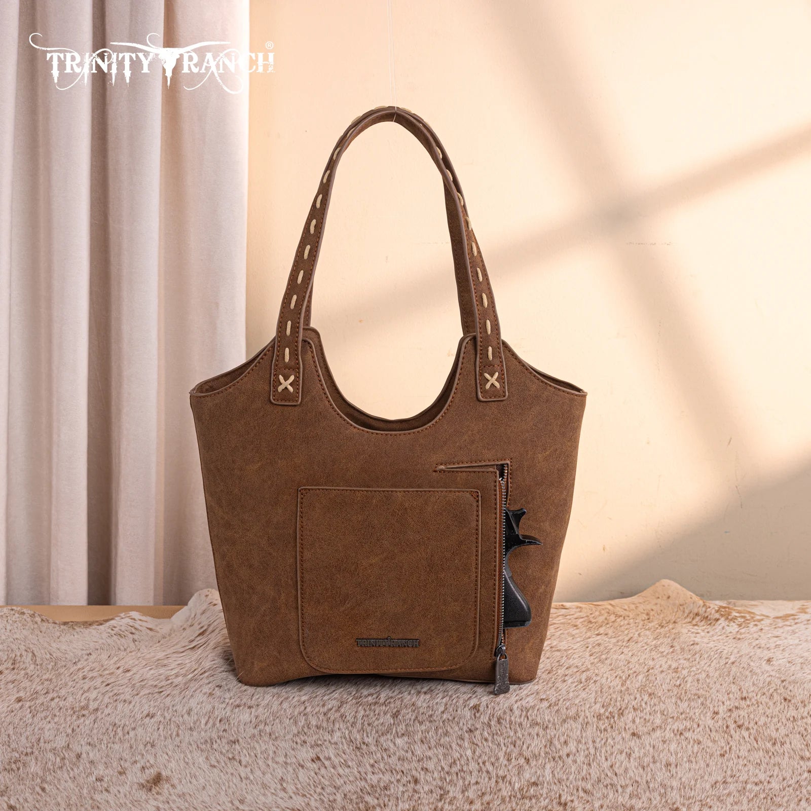 Trinity Ranch Hair-On Cowhide Tooled Concealed Carry Tote TR199G-8250BROWN