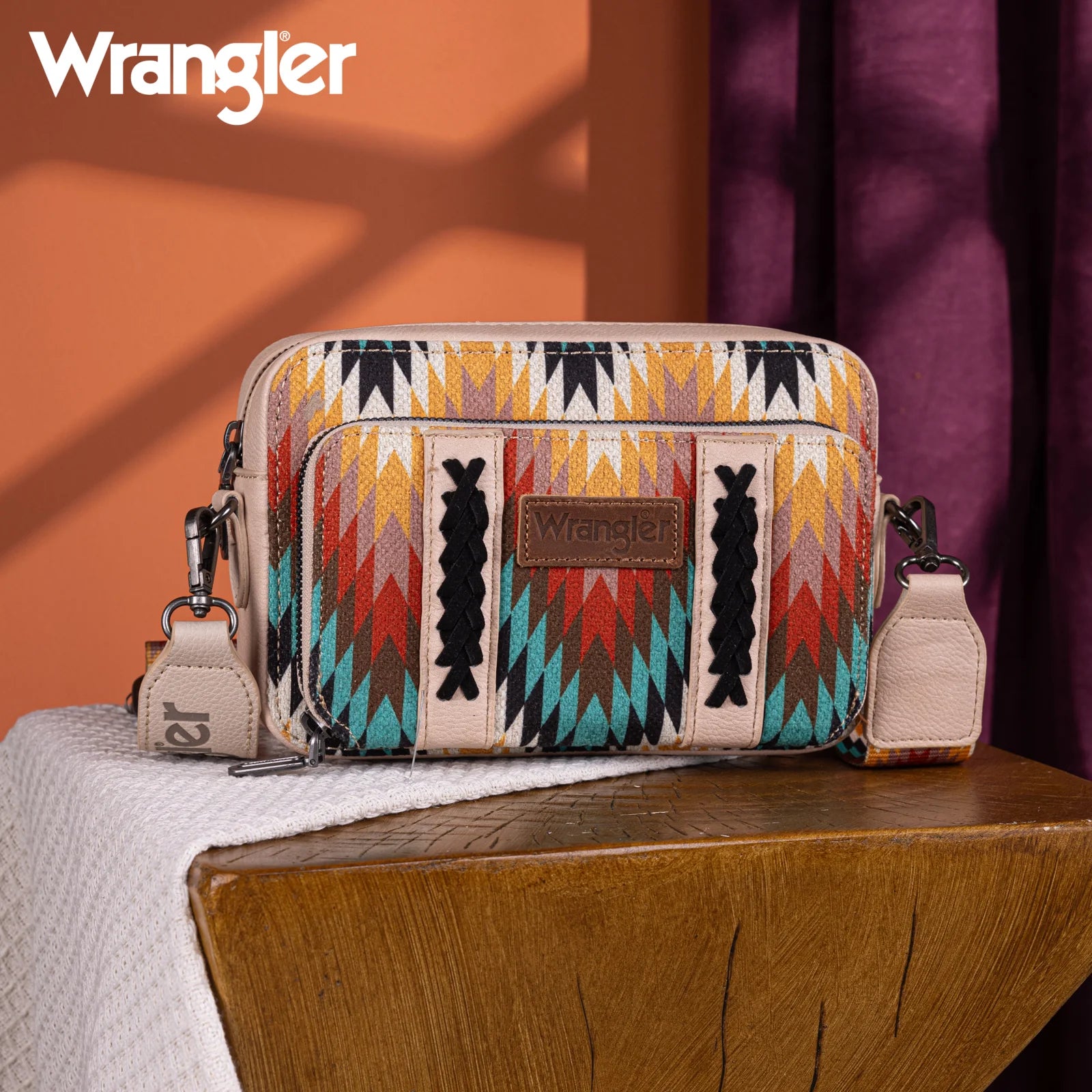 Wrangler Southwestern Pattern Dual Sided Print Crossbody Purse with Wallet Compartment WG2211-3003 TAN