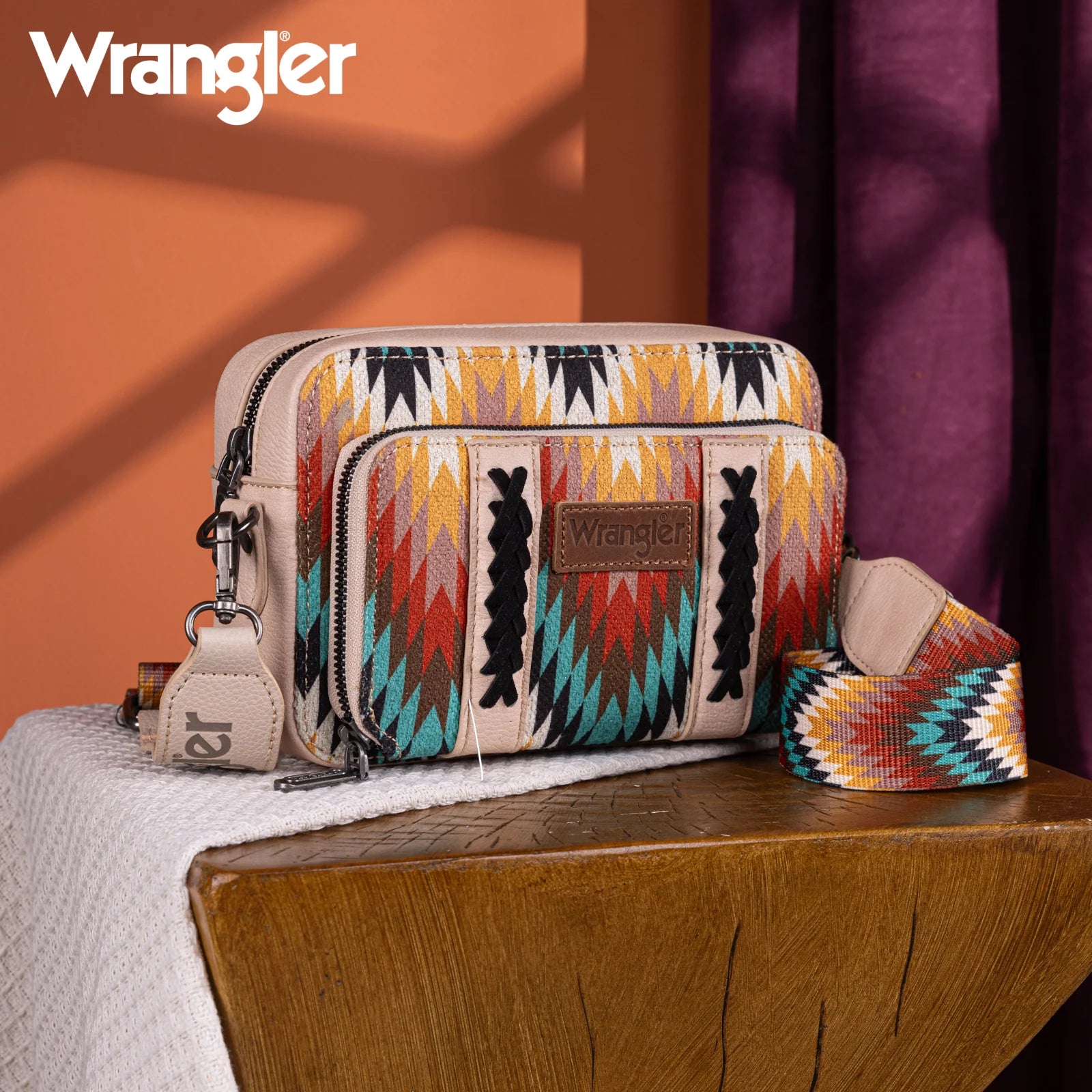 Wrangler Southwestern Pattern Dual Sided Print Crossbody Purse with Wallet Compartment WG2211-3003 TAN