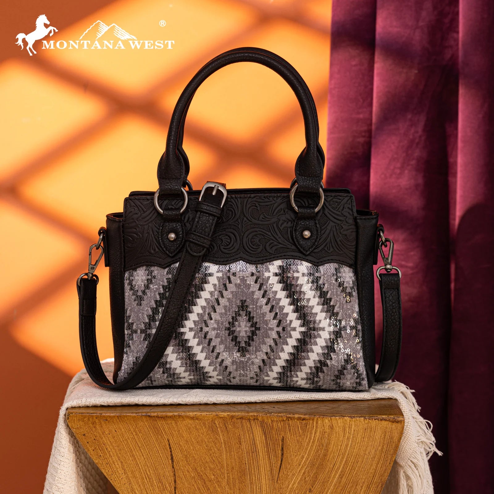 Montana West Tooled Aztec Tote/Crossbody MW1308-8360BLACK