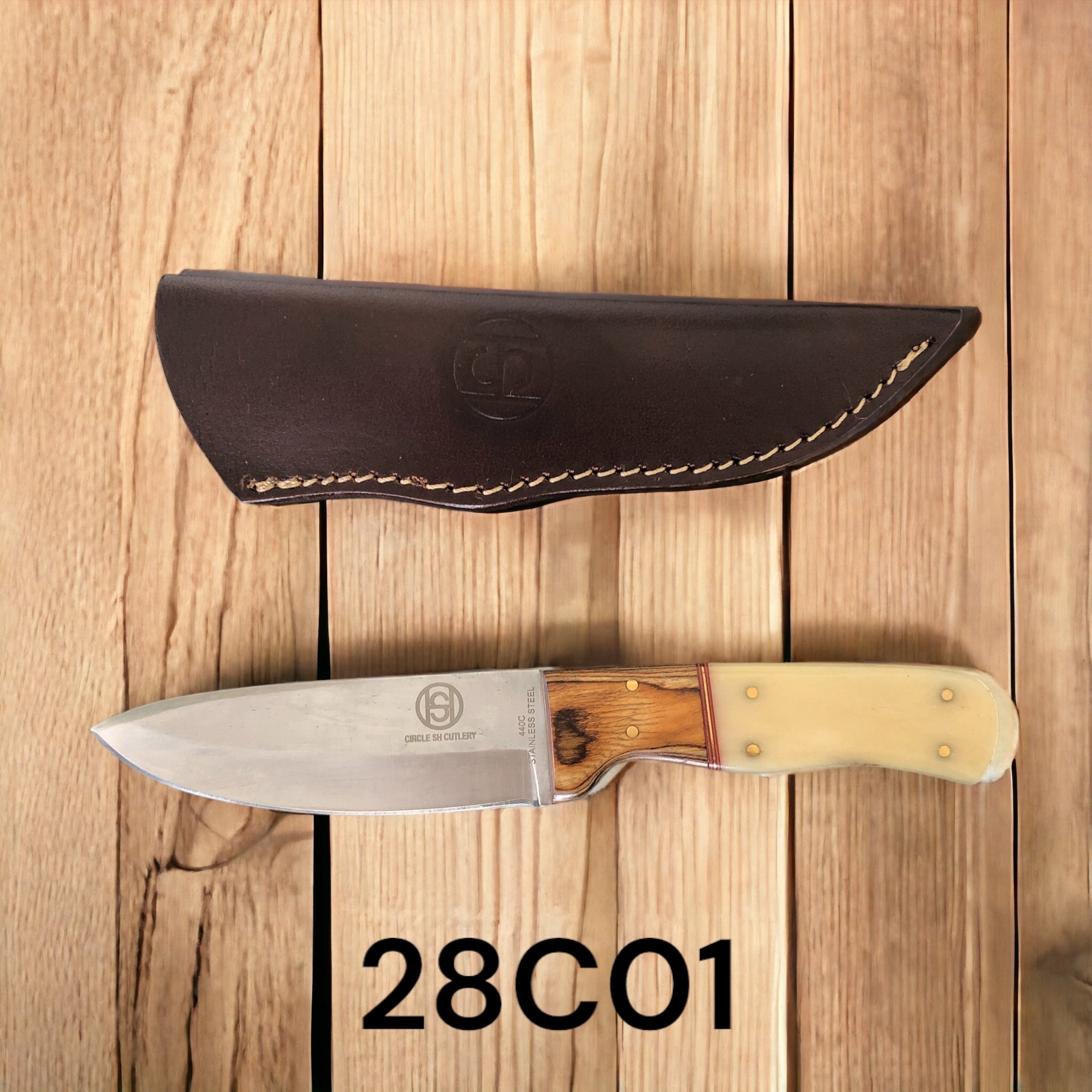 Circle SH Bone/Wood Handle Knife with Sheath