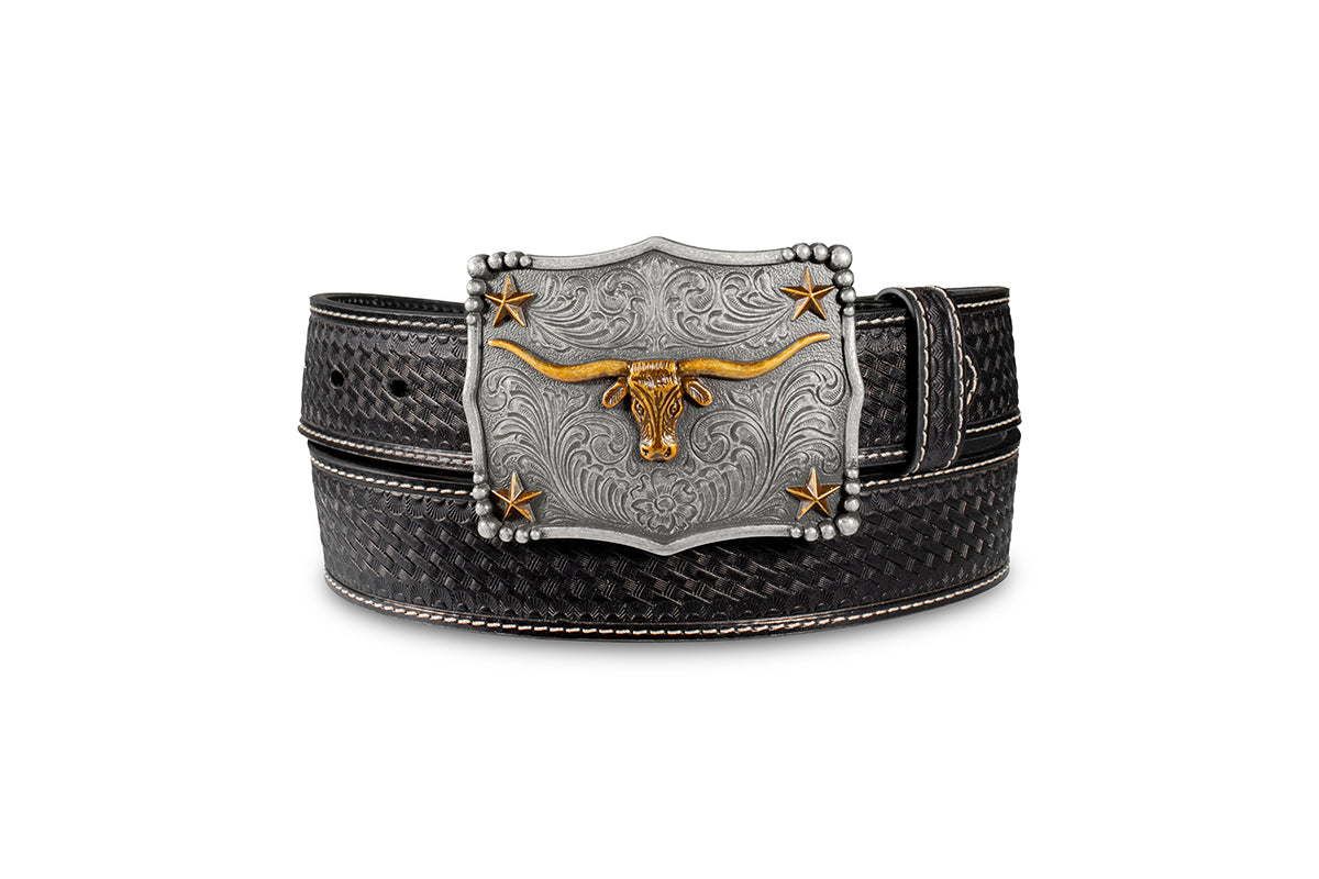 3D Men's Black Basketweave Longhorn Buckle Belt D100021301