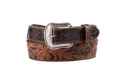 3D Men's Brown Crocodile Print Tabs Floral Belt D100021602