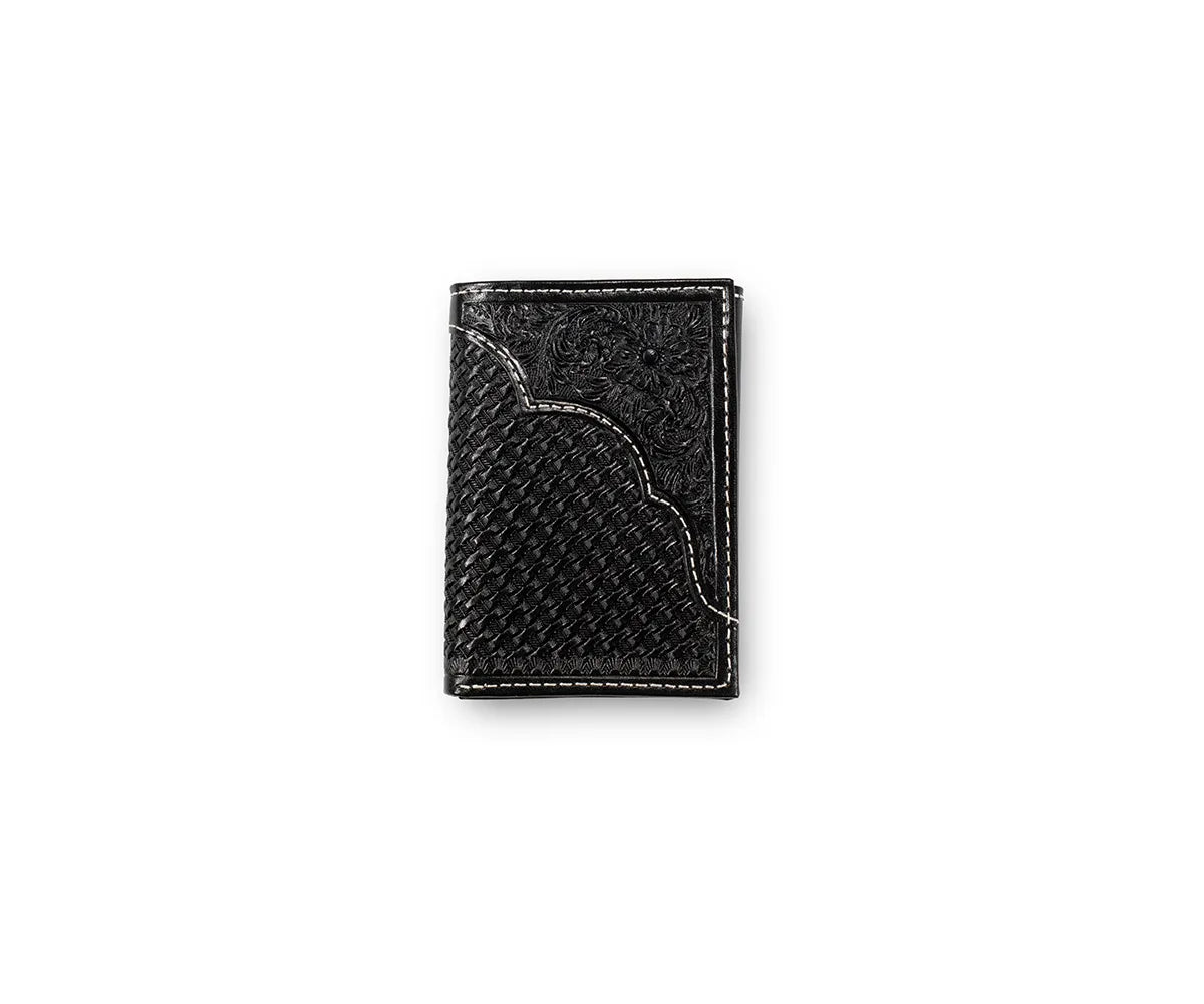 Men's 3D Black Basket Weave and Floral Embossed Tri-Fold Wallet D250019901