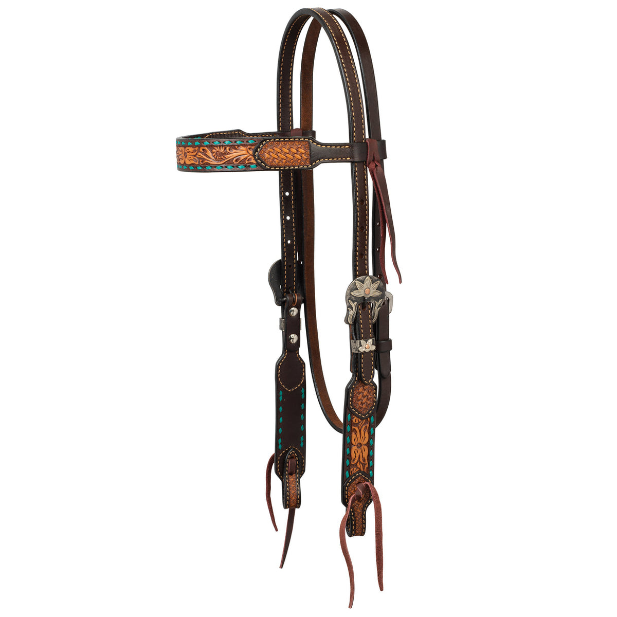Weaver Floral Tooled Brown Headstall with Turquoise Whipstitch 45008-01-00