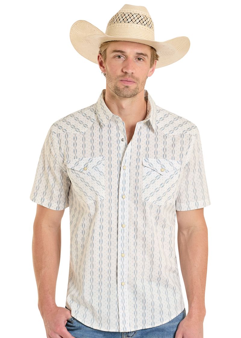 Rock & Roll Men's Denim Vintage Wallpaper Print Snap Front Shirt PMN3S08147