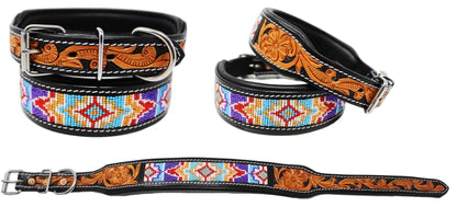 Challenger Beaded and Floral Hand Tooled Padded Leather Collar 60172