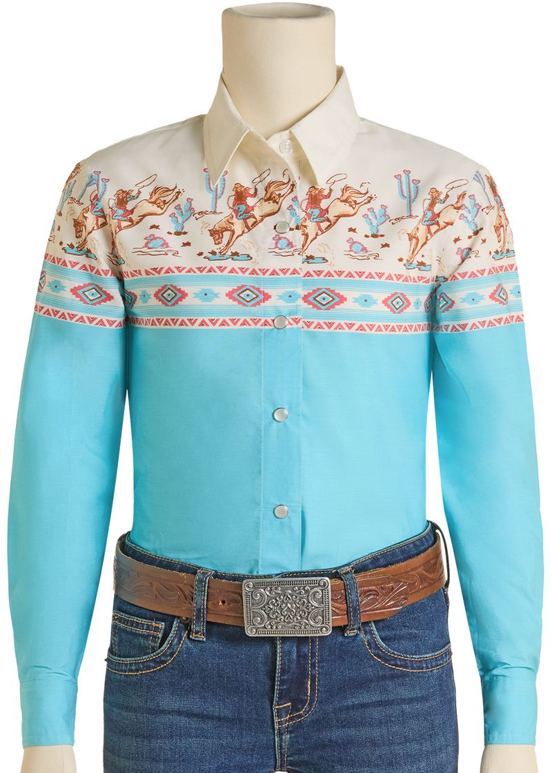 Rock & Roll Denim Girl's Light Turquoise Border Print Snap Front Shirt LGN2S09280