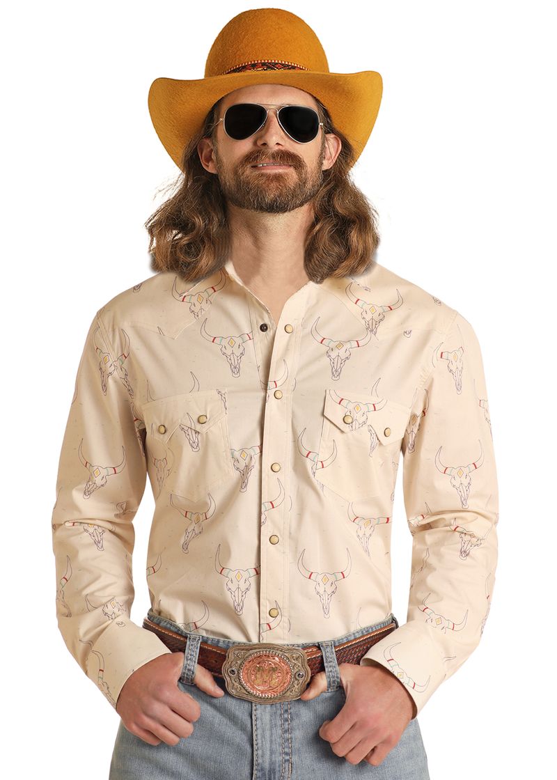 Rock & Roll Denim Men's Dale Brisby Longhorn Print Snap Front Shirt BMN4S05845