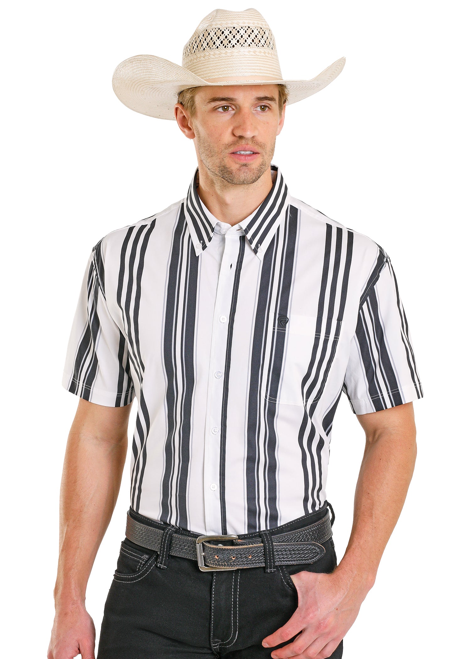 Rock & Roll Denim Retro Printed Stripe Button Down Shirt BMB3S08303
