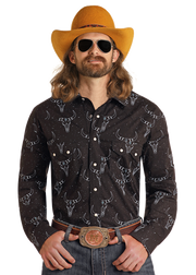 Rock & Roll Cowboy Longhorn Print Snap Front Shirt