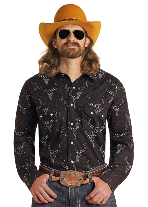 Rock & Roll Cowboy Longhorn Print Snap Front Shirt