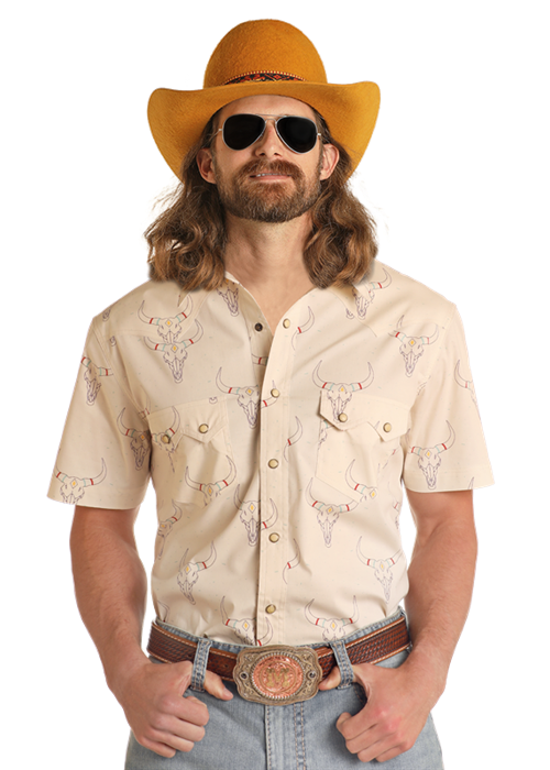 Rock & Roll Cowboy Men's Longhorn Skull Snap Front Shirt