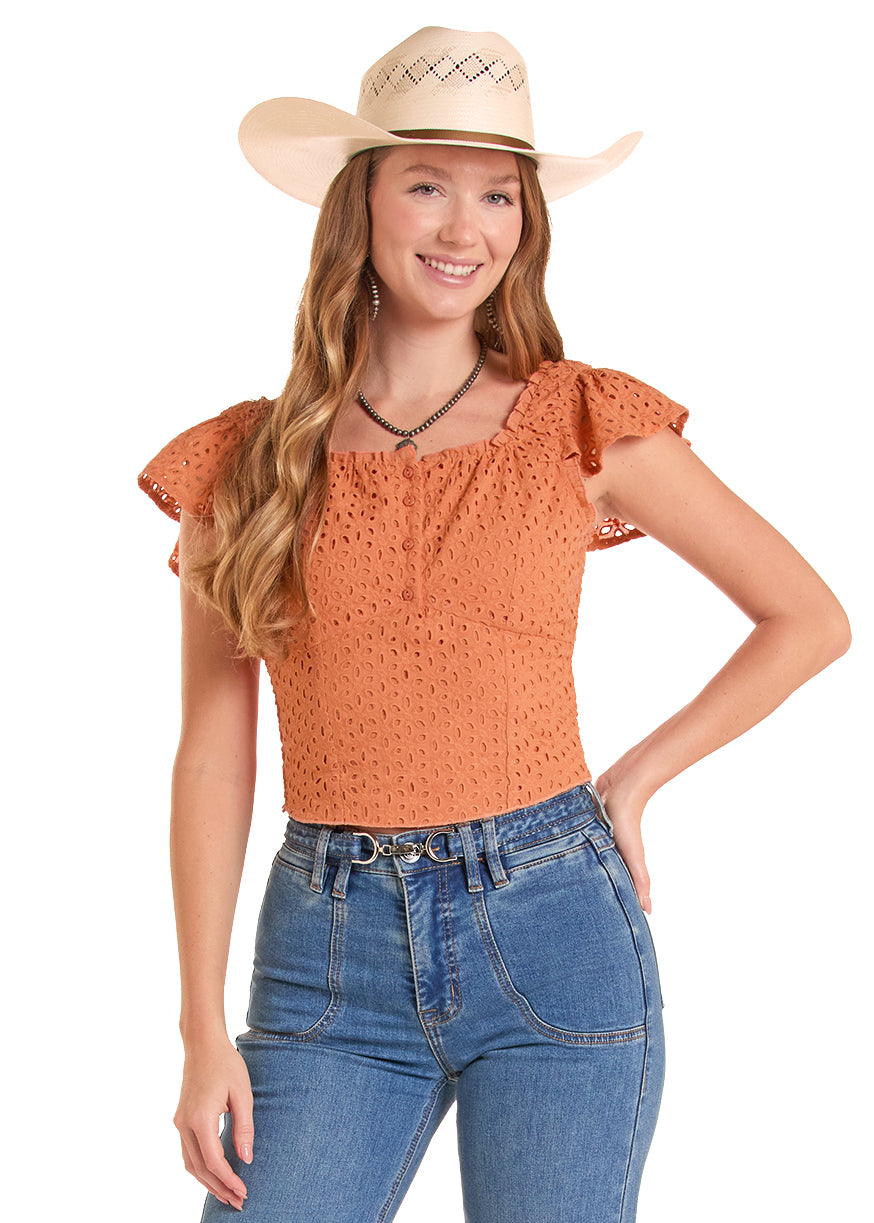 Rock & Roll Denim Women's Eyelet Flutter Sleeve Top BW20T08771